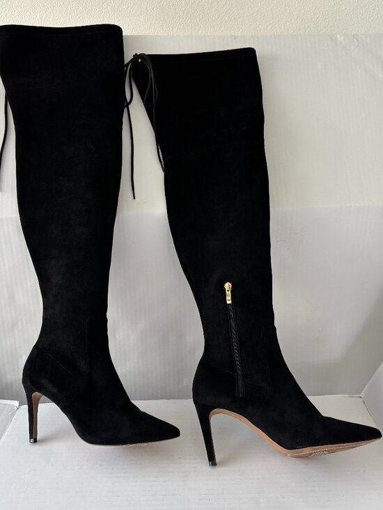 Neiman Marcus Shoes - Neiman Marcus Black Suede Over the Knee Stiletto Boots Pointed Toe Tie Back 7.5M